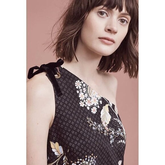 Anthropologie Maeve Ashbury Black Floral Studded One Shoulder Shift Dress Size 2 - Picture 7 of 16
